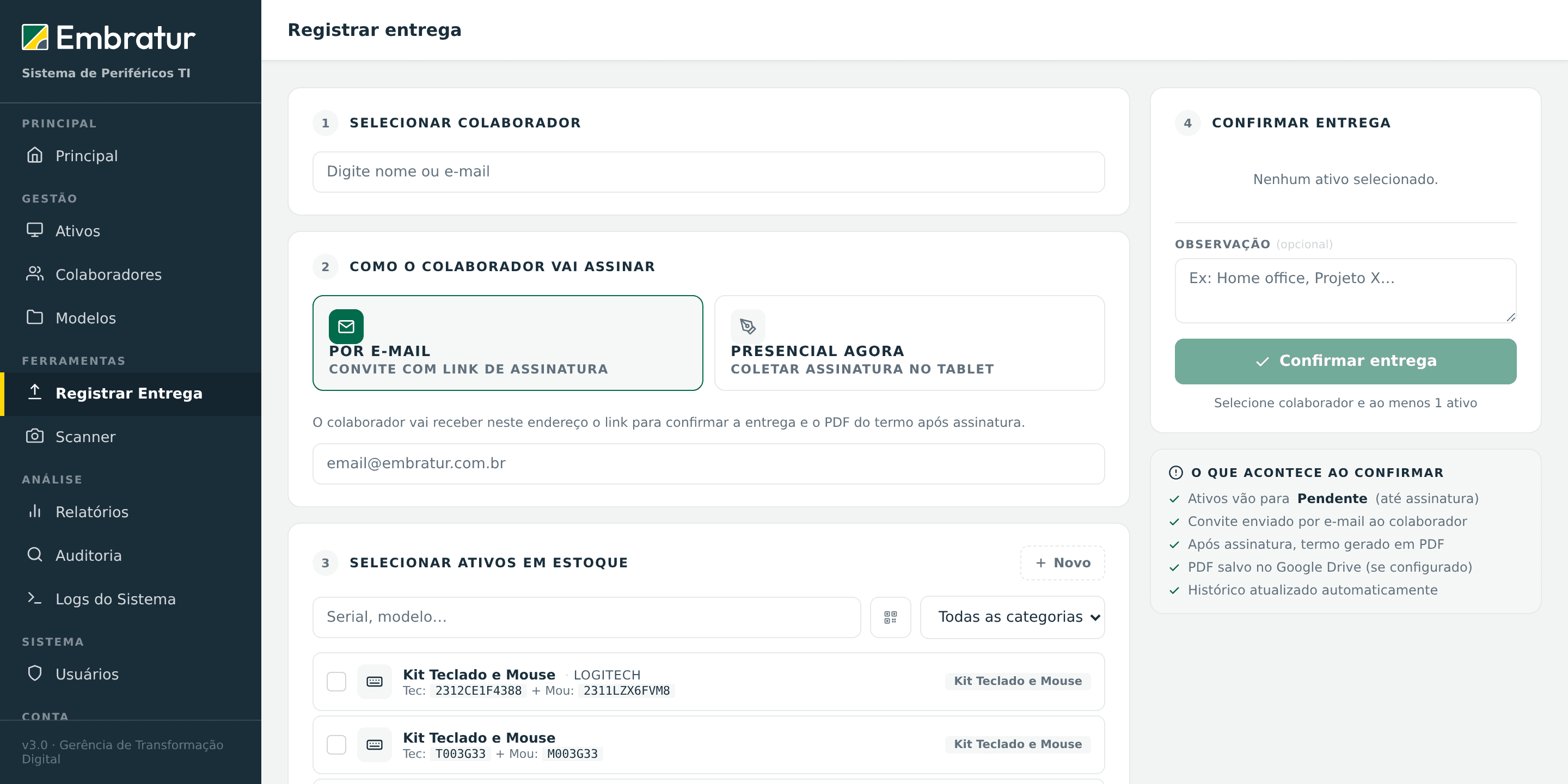 Asset Management — 4-step delivery flow with digital signature