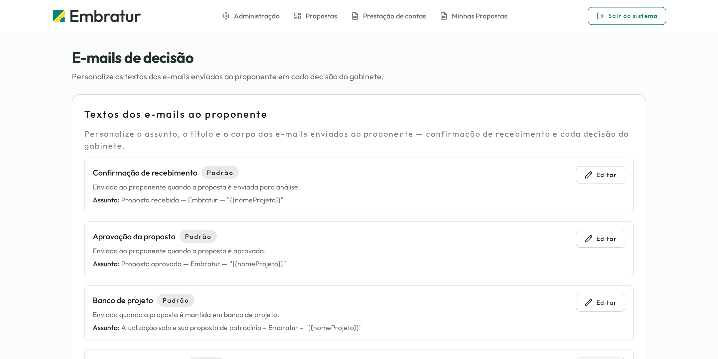 Sponsorship System — decision email editor with variables