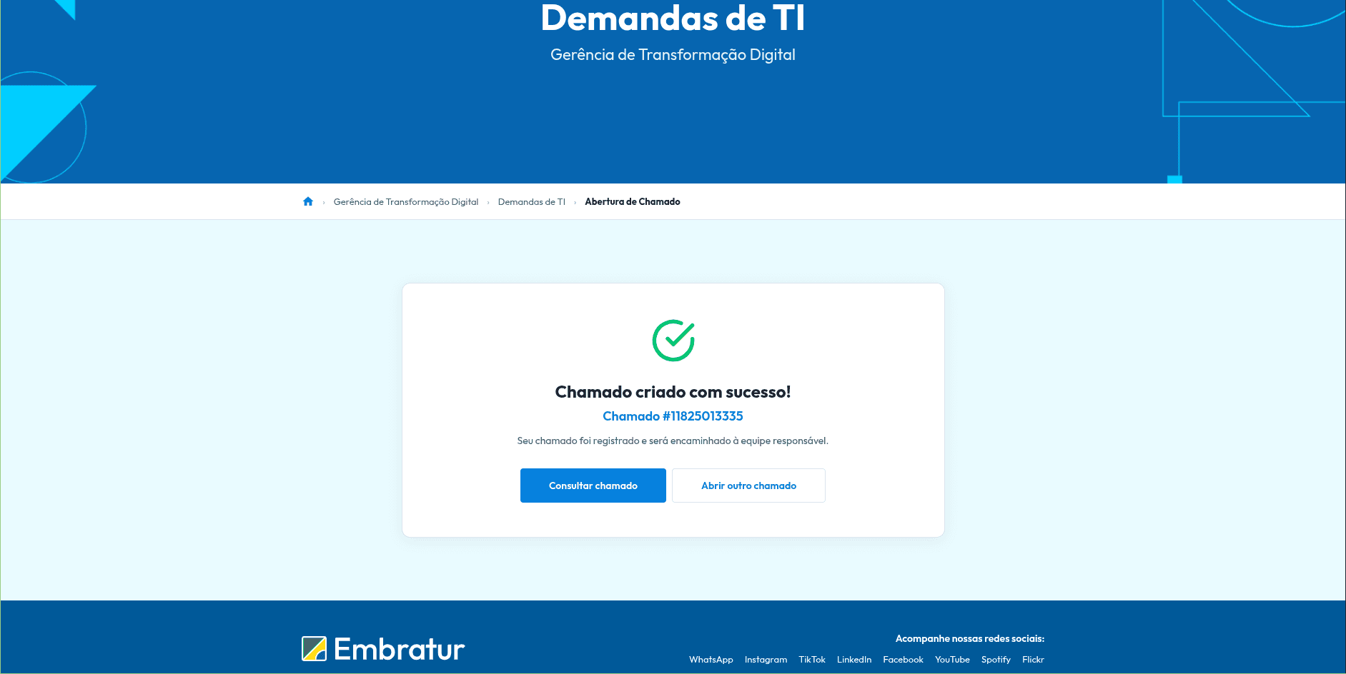 Portal de Chamados — confirmação de chamado criado