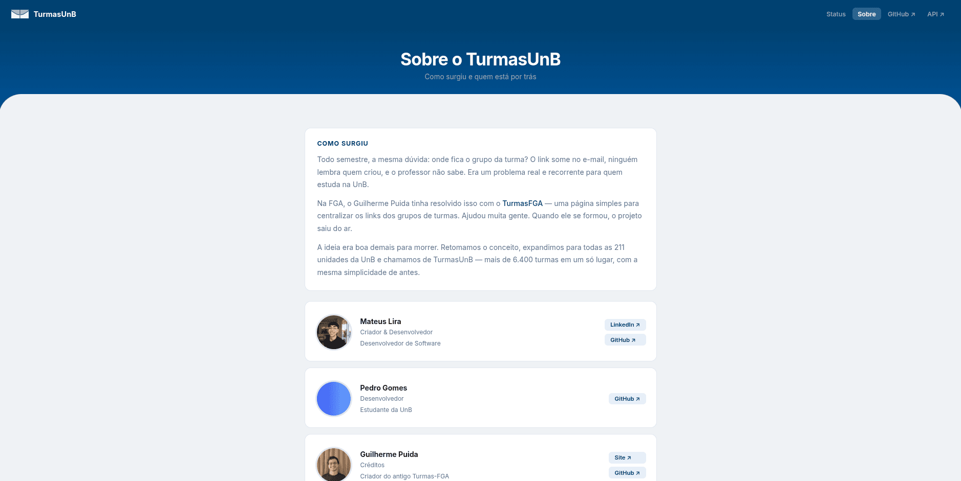 TurmasUnB — página sobre o projeto
