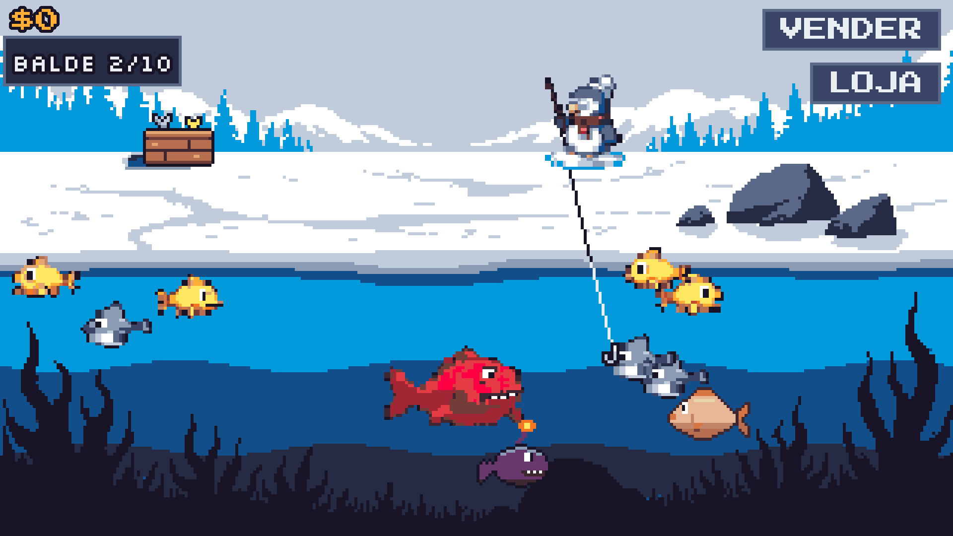 Icebite — ice fisherman with fish and a red predator attacking