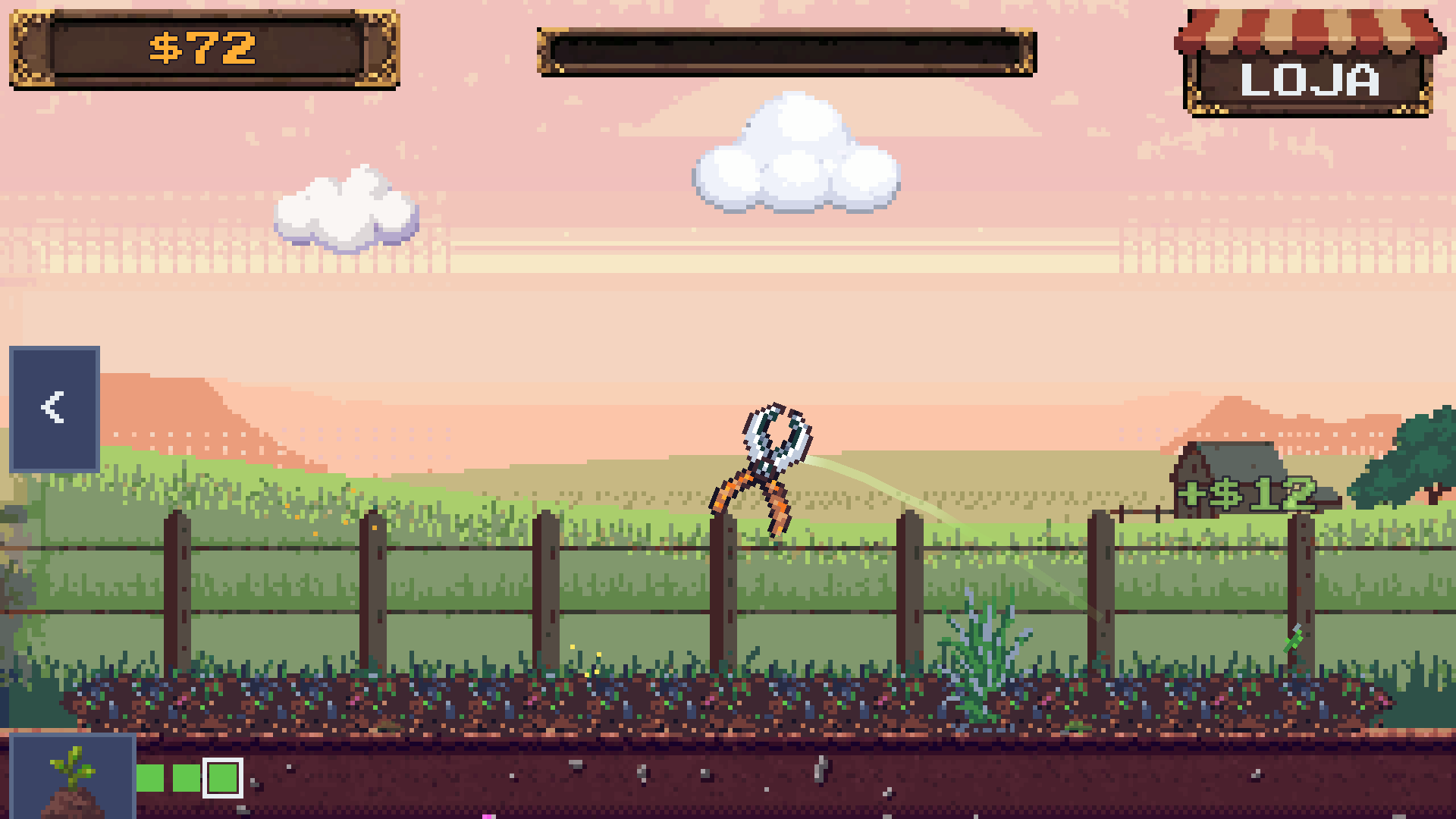 Mowgul — pixel art backyard with tall grass being cut